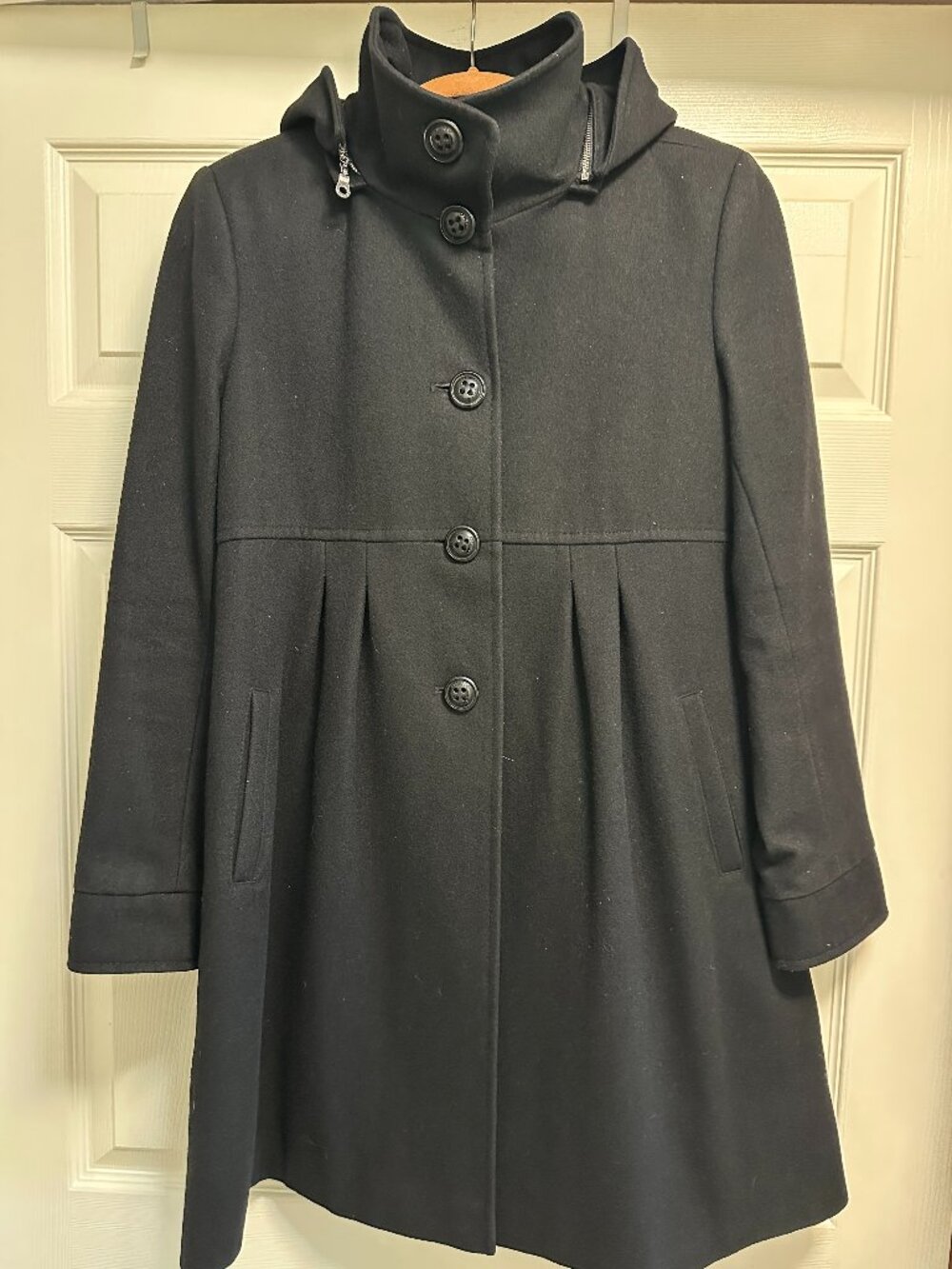 DKNY Black Wool Coat with Removable Hood, Size 8 Like New